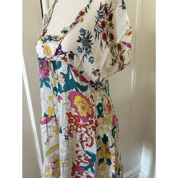 Johnny Was Floral Semi Sheer Silk Dress With Tie Square Neckline | S - Picture 3 of 6